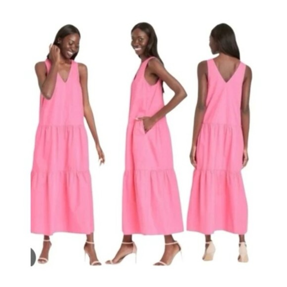 Who What Wear Women's Barbie Pink V-Neck Tiered Maxi Dress Size XS